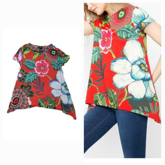 Desigual Bold Floral Asymmetrical Emilio Tunic T-Shirt Top Artsy Boho Size Small - Picture 1 of 6